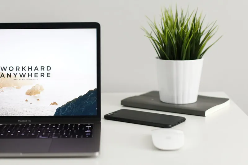 Portátil con una página web en mantenimiento junto a una planta
